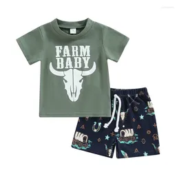 Clothing Sets Toddler Boy Summer Clothes Suits Letter Cow Head Print Short Sleeve Crew Neck T-Shirts And Elastic Waist Shorts 2Pcs Set