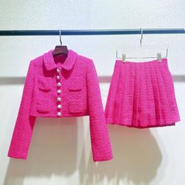 Work Dresses 2024- Autumn And Winter Rose Red Temperament Sweet Little Fragrant Wind Fried Street Lapel Coat Half Skirt Suit