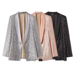 Women's Suits Zach Ailsa 2024 Spring Product Fashionable Style Polo Collar Long Sleeved Solid Colour Sequin Suit Coat