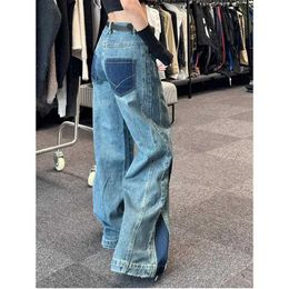 Women's Pants Capris Womens Blue Pocket Y2k Jeans Harajuku Street Clothing Aesthetics Denim Trousers Wide Retro 2000s Garbage Oversized Q240508
