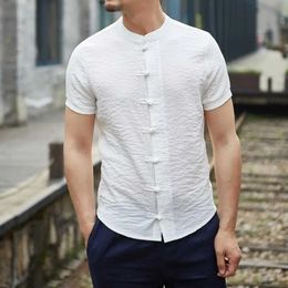 Men's Dress Shirts Vintage Men Summer Shirt Stand Collar Short Sleeve Men Top Solid Color Slim Fit Knot Buttons Men Shirt Chinese Traditional Shirt d240427