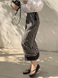 Skirts Rowling Mirror Geometric Stripes Silk Midi Skirt Women's Slim Fit Lace Up Female Summer Office Women Casual