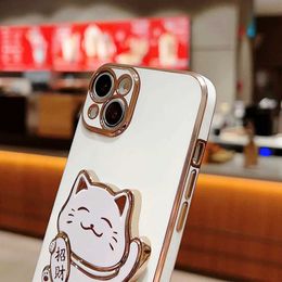 Cell Phone Cases Fortune Cat Folding Holder Stand Plating Phone Case For Xiaomi Mi Poco C40 M5 M4 M3 X4 X3 NFC F3 F2 Pro Soft Silicon Cover Capa J240509