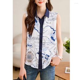 Women's Blouses Women Clothing Sleeveless Chiffon Thin Shirts Summer Casual Loose Fashion Print Y2K Blouse Turn-down Collar Button Cardigan