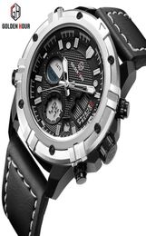 GOLDENHOUR Top Brand Sport Watch Business Men Wristwatch Genuine Leather Strap Mens Saat Waterproof Male Clock Relogio Masculino4574072