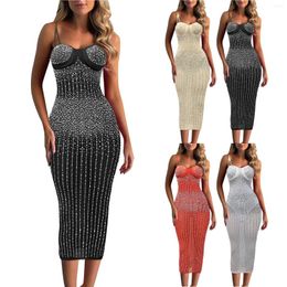 Casual Dresses Sexy Sequins Diamond Suspender Dress Solid Colour Slim Bodycon Elegant Formal Evening Gown Women's Party Night Clubwear