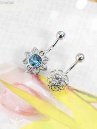 Navel Rings 1 Pc Blue Crystal Sun Flower Navel Ring Stainless Steel Hollow Out Belly Button Ring Stud Tummy Umbilical Belly Piercing Women d240509