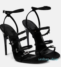 Fashionsummer Brand Jerry Sandals Schuhe Frauen kristallverzündete Satinschnallen Gurt High Heels Schwarze Lady Sandalias Party Hochzeit