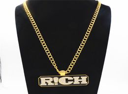 Hip hop Mens Long Link Chain Jewelry Full Iced Out Rhinestones RICH Letters Pendant Gold Necklace The Rap Of China7508885