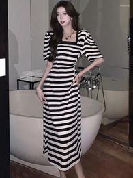 Party Dresses Women Fashion Striped Square Collar Casual Long Dress Summer Short Sleeve Bodycon Slit 2024 Korean Elegant In