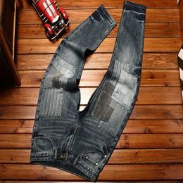 Men's Jeans High-end trendy Korean style jeans mens stitching design slim fit skinny stretch youth street retro smart trousers Q240509