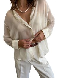 Women's Blouses Women S Lapel Collar Blouse Long Sleeve Button-Down See-Through Loose Sheer Shirt Mesh Top