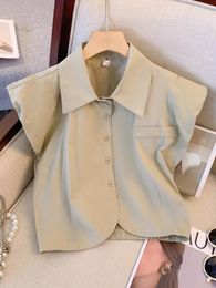 Women's Blouses Polo Neck Sweet Sleeveless Shirt Women Tops Summer Retro Style Unique Solid Color Loose Causal Short Clothing