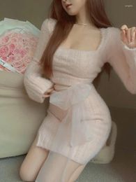 Work Dresses Winter Sexy Knitted Two Piece Set Women Korean Fashion SlimParty Mini Skirt Suit Female Long Sleeve Bow Sweater 2024