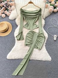 Two Piece Dress SINGREINY Fashion Hotswt Folds Sets Slash Neck Full Flare Slves Slim Tops+Long Bandage Mini Skirt Solid Women Sexy Y2k Suits Y240508