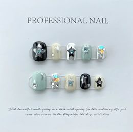 10Pcs Handmade Gothic Short Press on Nails Rhinestone Round Manicure Decoration Wearable Full Cover with Design Acrylic Nail Tip 240509