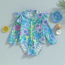 One-Pieces Infant Girls Rash Guard Swimsuit Floral Print Zipper Long Fly Sleeve Sun Protection Bathing Romper Swimwear H240508