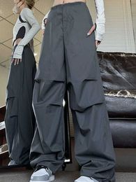 Women's Pants Capris QWK Vintage Y2k Cargo Pants Women Folds Oversize High Strt Fashion Baggy Sweatpants Korean Casual Wide Leg Jogger Pants Y240509