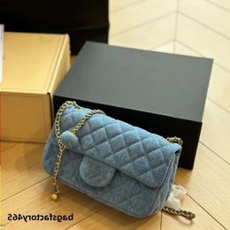 Womens Designer Classic Mini Flap Square Denim Ball Bags Quilted Purse Blue Crush Beads Vanity Gold Metal Hardware Matelasse Chain Cros Spkg