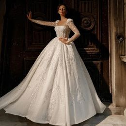 Sparkle Wedding Dresses for Women Boat-Neck Long Sleeve Court Train Bridal Gown Princess Lace Embroidery Chic Bride Dress Vestido De Novia