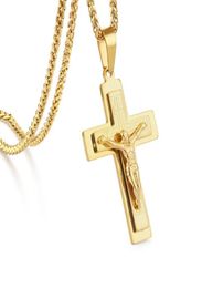 Religious Crucifix Pendant Necklaces Men Gold Silver Colour Stainless Steel Jesus Piece Cross Link Chain Jewellery Gift MN2046797655