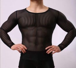 Men039s Body Shapers Men 039s Transparent Mesh Long Sleeve Tops Sexy Gay Clothing Gauze Shirts Black White Man Clothes Strip3908990