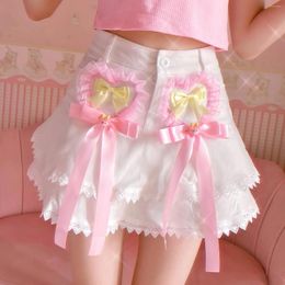 Skirts Summer Sweet Lolita Style Lace Ruffles Cartoon Bow Mini Skirt Women Cute Kawaii Party Short Girls A-Line Tiered