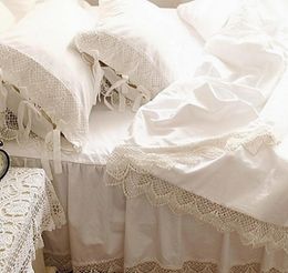 Top Romantic bedding set elegant European wide white satin duvet cover Crochet Lace bedspread cotton wedding bedding bedskirt T2005921324