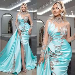 Glamorous Lake Blue Evening High Illusion Sleeves Prom Dresses Rhinestones Side Split Long Celebrity Women Formal Party Pageant Gowns Plus Size 0509