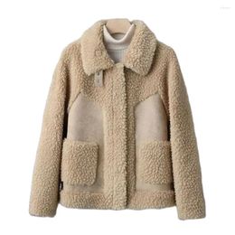 Women's Fur 2024 Autumn Winter Lambswool Jacket Womens Chic Splice Lamb Wool Coat Tops Women Korean Bomber Outwear Woman Suede Jackets