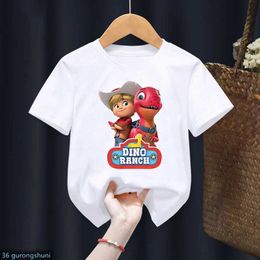 T-shirts Fun boy T-shirt Fun Dino Ranch cartoon print girl T-shirt Summer toddler T-shirt Cute childrens clothing short sleeved baby topL240509