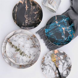 Marble Plates Ceramic Dishes Gold Inlay Porcelain Dessert Plate Steak Salad Snack Cake Plates Tableware Dinnerware 203g