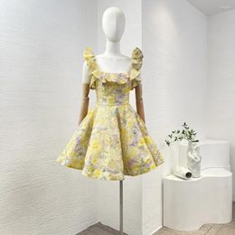 Casual Dresses 2024 Women Pale Yellow Citrus Flower Print Ruffle SLeeveless Hollow Out Backless Self Bow Tie Mini Dress