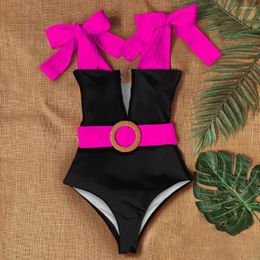 Women's Swimwear One Piece Belt Swimsuit Women Solid High Quality Bathing Suit Slim Beachwear Lady 2024 Summer Trend Holiday Female Clothes