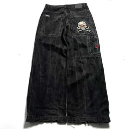 Men's Jeans JNCO Harajuku retro skull pattern embroidered loose jeans denim trousers for men and women gothic high-waisted wide pants Q240509