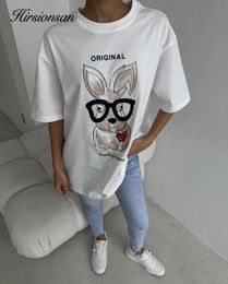 Hirsionsan 2024 Cool rabbit Printed T Shirt Women Summer Loose Casual Soft Female Clothing Vintage O Neck Cotton Lady Tops Y2k 240509