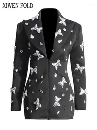 Women's Suits XIWEN 2024 Summer Bow Sequins Patchwork Notched Contrast Colour Zipper High Waist Elegant Chic Design Blazer XF1990