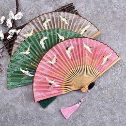 Chinese Style Products 1pcs Retro Fairy Crane Bamboo Bone Fan Foldable Chinese Style Tassel Hand Fan Auspicious Sign Ancient Silk Fan Crafts Decor Gift