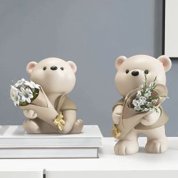 Sculptures Nordic Bear Doll Resin Statue Bouquet Flower Arrangement Living Room Porch Decoration Ornaments Desk Vases Figurines Home Decor