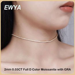 Ewya Full 2mm 0.03ct D 컬러 여성을위한 Moissanite Tennis 목걸이 Sier Plated Gold Neck Chaker Choker 목걸이