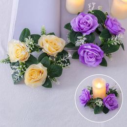 Decorative Flowers 23cm Artificial Rose Candlestick Wreath Wedding Party Christmas Candle Ring Holders Dining Table Decoration