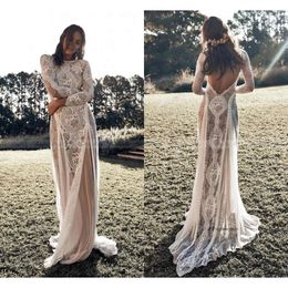 2021 Vintage Lace Boho Beach Dresses Long Sleeve Applique Backless Country Style Bohemian Wedding Dress Bridal Gowns Hippie Gypsy vestido 0509