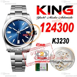124300 K3230 Automatic Mens Watch KING 41mm Polished Bezel Blue Stick Dial 904L Steel Case And Bracelet Super Edition Same Serial Card Reloj Hombre Puretime PTRX