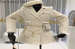 2020 Autumn spring Women Retro Tweed Spliced Short Coats Suit Plaid Coat Women Slim Doublebreasted Jacket with Waist Bag T2008285981536