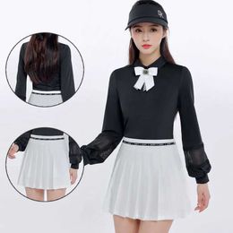 Studi da pista da donna DK Lady Puff Slve Lapel Shirt Wok Tie Tops Long Slve Women A-Line Skorts Gonne sottili pieghettate ol abbigliamento set Y240507