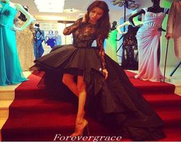 Sexy High Low Prom Dress Black Colour Lace Long Sleeves Formal Women Wear Pageant Party Gown Custom Made Plus Size9298461