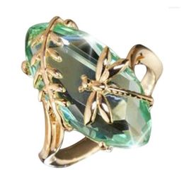 With Side Stones Retro Green Stone Gold Color Dragonfly Ring For Women Girl Anniversary Birthday Gift Vintage Jewelry Shiny Rings