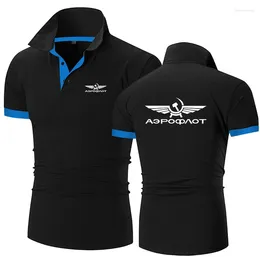Men's Polos 2024 Aeroflot Aviation Russe Logo Print Summer Cotton Lapel Collar Polo Shirt Solid Colour Slim Fashion Breathable Short Sleeves