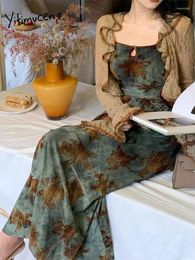 Work Dresses Yitimuceng Print Two Piece Sets Womens Outifits 2024 Vintage Long Sleeve Cardigan Elegant French Style Slim Midi Dress