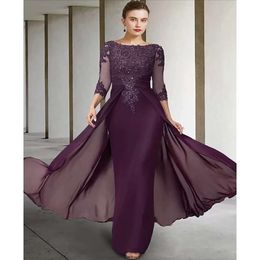 2023 Vintage Purple Mother of Bride Dress Jewel Sequin Appliques Sleeves Godmother Wedding Party Gowns 0509